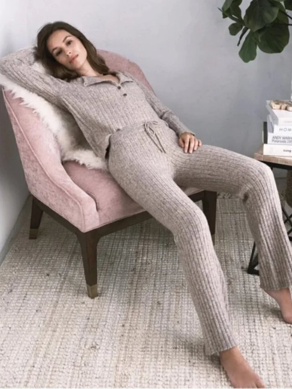 Heartloom Nikita Oat Ribbed Wide Leg Sweater Pants Quiet Luxury Cozy Lounge L